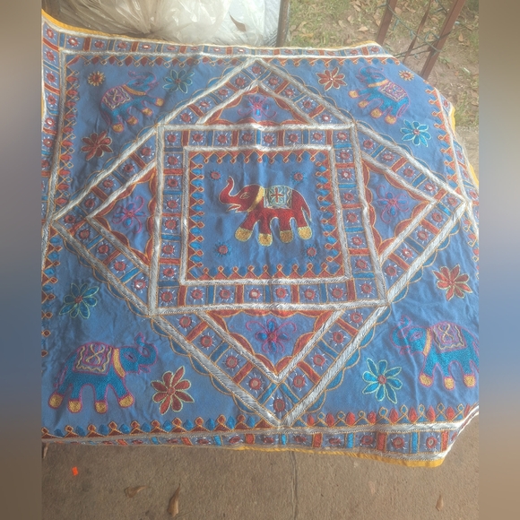 Vibrant Elephant Embroidered Quilt in Blue and Red